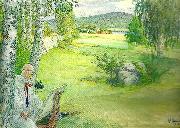 Carl Larsson paradiset-sjalvportratt i landskap oil painting